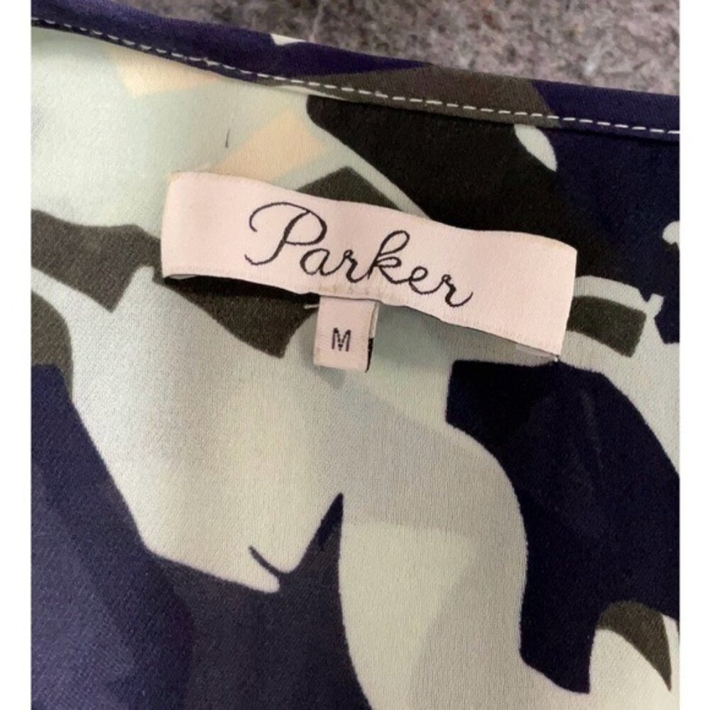 Parker Navy and Light Blue 100% silk Floral Cold-Shoulder Midi Dress - Picture 7 of 8
